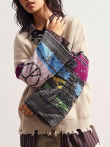 Bohemela 女式拼布印花圆领长袖毛衣 - 杏色 - 查看 2