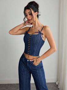 Elenzga Camizolă din denim cu curea și fundă pentru femei, la modă, casual