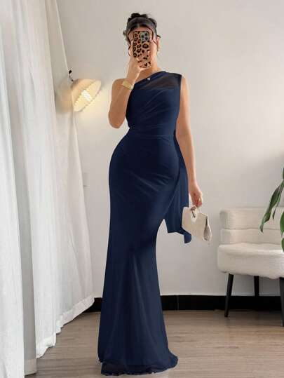 Firerie Women's Elegant Navy Blue Summer Bodycon Maxi Dress,Asymmetrical Neck Style Dining Outfits,Formal Wedding Guest Dress,Party Graduation Dress