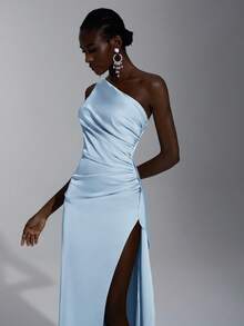 SHEIN Belle Elegant, Romantic, Sexy, Minimalist, Light Yellow, Satin, Stretchy, Backless, Ruffle Hem, Bodycon, High Slit, Fashionable, Influencer Style, Suitable For Holidays, Vacation, Birthday Party, Wedding, Bridesmaid Dress - Baby Blue - View 8