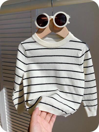 1 buah Sweater Leher Bulat Bergaris Putih untuk Anak Laki-laki, Cocok untuk Kembali ke Sekolah, Musim Dingin, Kasual, Nyaman, Tebal, Hangat, Pullover untuk Aktivitas Sehari-hari di Musim Gugur