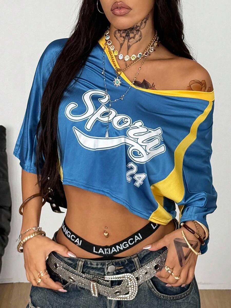 Coolane 女士夏季节日运动服街头服饰外出运动服图案拼布短款针织T恤 - 藍色 - 查看 1