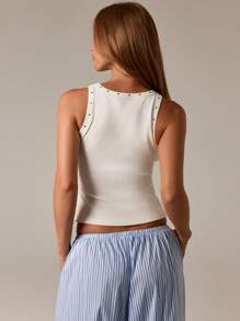 AiiRZ White Tank Top Sleeveless Summer Ribbed Basic Studded Scoop Neck Fitted Fashion Essential Modern Casual Versatile Beach Holiday Classic Stylish Daily Wear - White - View 2