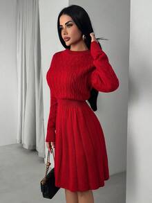 EURMUSE Vestido curto de malha com decote redondo casual, cor sólida, malha plissada, formato A, para o Natal - Vermelho - Ver 4