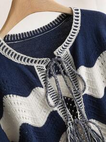 CosyJoli 大码休闲条纹波浪纹理流苏前系带开衫