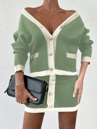 EURMUSE Contrasting Trim Cardigan And Skirt Sweater Two-piece Set