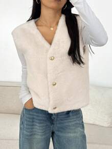 SHEIN EZwear 秋冬休闲时尚百搭无袖纽扣保暖女式仿皮草大衣 - 白色 - 查看 8