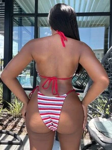 Alexandranx 2pcs Summer New Red Drawstring Halter Sexy Backless Fashionable Round Logo Ladies Bikini Swimsuit Set - Red - View 2