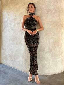 Aloruh 女士优雅性感棕色豹纹渐变金属扣装饰镂空紧身弹力连衣裙，优雅约会，渐变色连衣裙，适合秋冬、派对 - 白色 - 查看 6