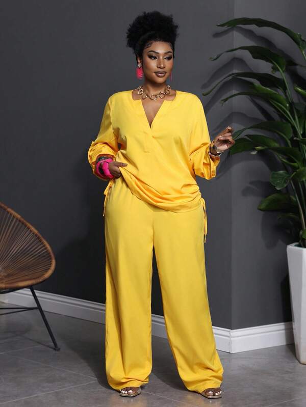 Slaydiva مجموعة بمقاسات كبيرة للنساء أزياء غربية كاجوال، ملابس علوية طويلة الأكمام ذات ياقة عميقة على شكل حرف V والبنطال الطويل، قطعتان/مجموعة