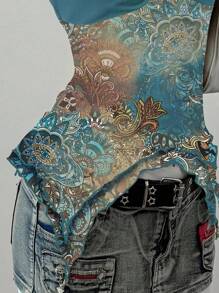 SHEIN EZwear 印花网眼性感吊带系带露背女式衬衫