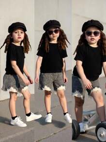 Young Girls' Summer Family Matching 2 Pieces Solid Short Sleeve Tee&Stonewashed Distressed Ripped Raw Hem Denim Jeans Cowgirl Outfit,Back To School - Black - View 2