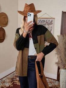 LanaWest 拼色落肩袖燈芯絨大衣 - 彩色 - 查看 6