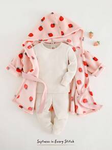 Cozy Pixies كارديجان مبطن بأكمام طويلة مع كابوشون بنمط الفراولة للبنات الصغار، للخريف والشتاء