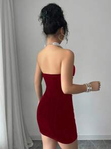 Elenzga 圣诞节和新年露肩珍珠腰优雅浪漫女士连衣裙 - 紅色 - 查看 2