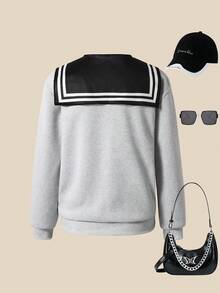 SHEIN Explorewe 2pcs Set Teen Girls Loose Fit Casual Solid Color Long Sleeve Sweatshirt With Striped Shawl, Black And White, Autumn, Graduation, Back-To-School Wear - Grey - View 2
