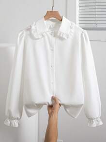 Nuova camicetta bianca ampia a maniche lunghe con colletto Peter Pan, stile accademico versatile e fresco, adatta per primavera e autunno