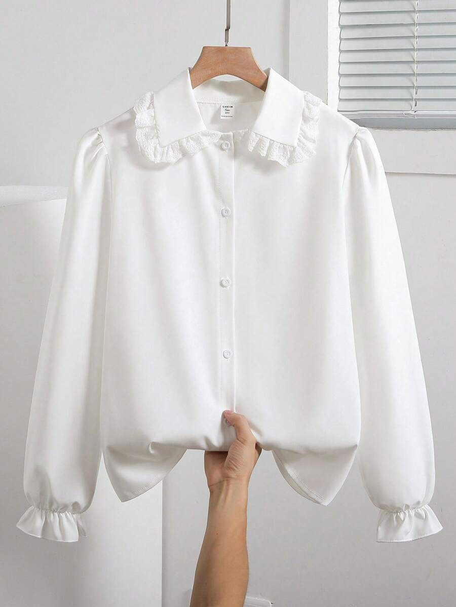 Nuova camicetta bianca ampia a maniche lunghe con colletto Peter Pan, stile accademico versatile e fresco, adatta per primavera e autunno