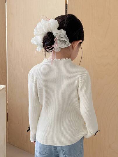 SHEIN Áo len len cổ đứng rộng rãi, thường ngày, trang trí nơ 3D cho bé gái, Quần áo bé gái, Áo len trẻ mới biết đi, Quần áo mùa đông cho bé gái, Áo len bé gái