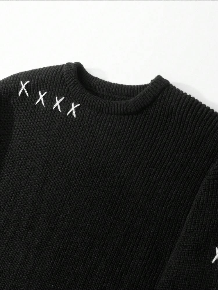 Manfinity CasualKnits 男士撞色简约休闲圆领长袖毛衣 Y2k 毛衣 哥特毛衣 Y2k 长袖男士针织毛衣 男士黑色毛衣 Y2k 上衣 男士返校 Y2k 毛衣 男士黑色针织毛衣 男士哥特毛衣长袖针织上衣 破洞毛衣，秋冬 - 黑色 - 查看 3