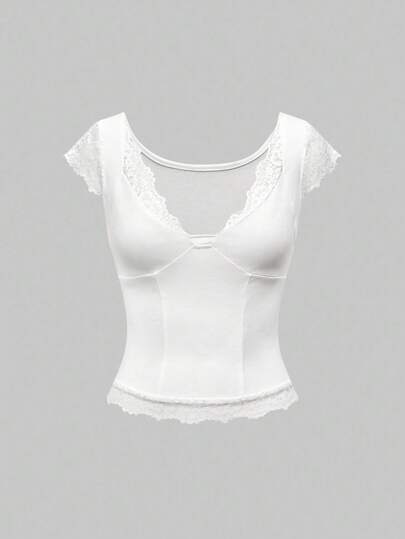 J-Fashion Magliette corte con scollo a V in stile Y2K, con dettagli in pizzo bianco, abbigliamento casual
