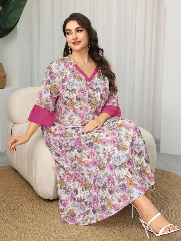 Al Najma Vestido de estilo árabe con estampado, cuello en V y manga corta para mujer de talla grande