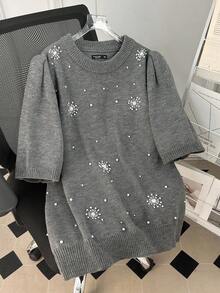 Lacomfia Plus Size Casual Faux Cashmere Crew Neck Short Sleeve Sweaters Winter Fall Autumn - Grey - View 1
