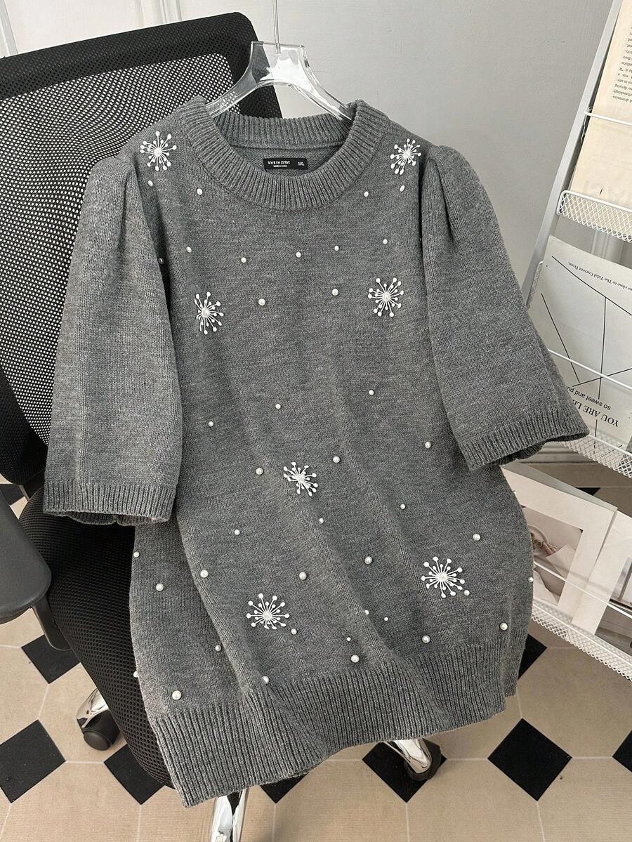 Lacomfia Plus Size Casual Faux Cashmere Crew Neck Short Sleeve Sweaters Winter Fall Autumn - Grey - View 1