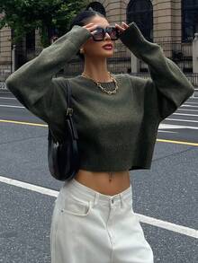 DAZY Loose Fit Cropped Pullover Sweater For Women, Versatile New Style Fall - Army Green - View 3
