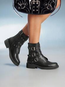 CUCCOO GRLICON Giày bốt cổ ngắn nữ, kiểu Y2K, phong cách Punk, phong cách Biker, phong cách cá tính, phù hợp cho Halloween, Giáng sinh, tiệc tùng. - màu đen - Xem 2