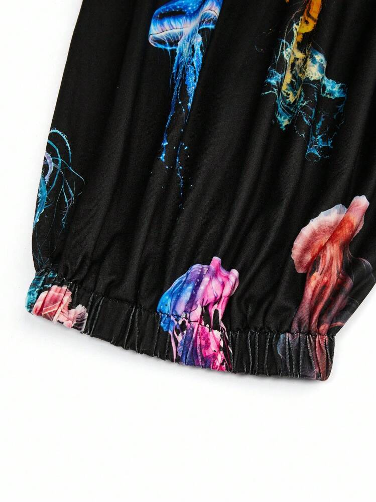 Sweetra Plus Size Women's Loose Fit Jellyfish Print Jumpsuit - Multicolor - View 4