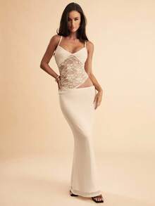 SHEIN BAE 夏季海滩度假纯黑色蕾丝性感透视吊带长裙，适合日常约会、夜间外出、夜总会、派对、聚会、鸡尾酒会、泳池派对、返校季服装、学校季连衣裙、节日连衣裙女士连衣裙 - 杏色 - 查看 5