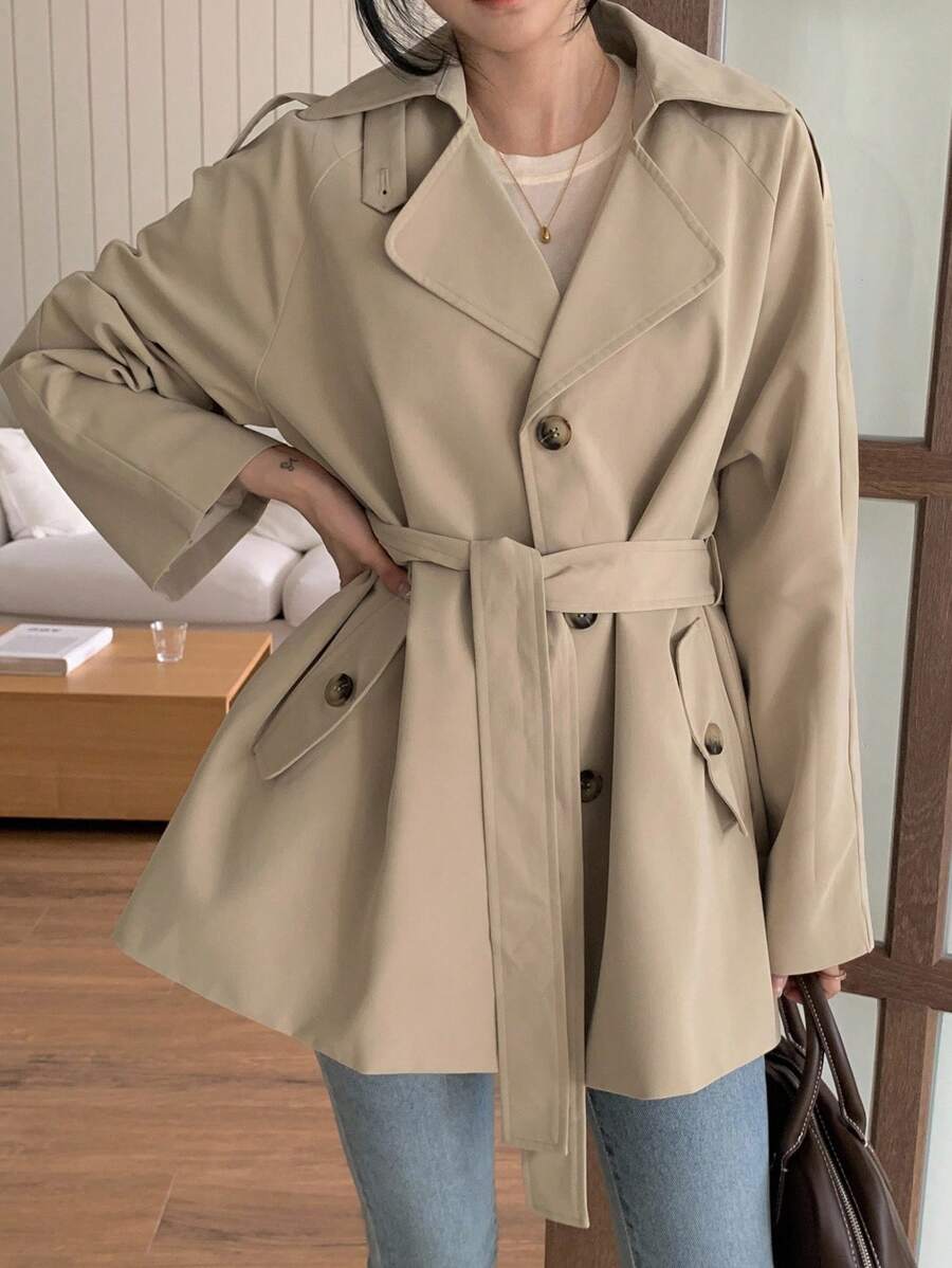 DAZY 女士腰带翻领中长款宽松休闲风衣外套 - 卡其色 - 查看 1