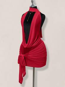 SHEIN ICON Women's Red Sheer Deep Draped Neck Ruched Tie Waist Backless Bodycon Mini Dress Draped Dress,Party Dresses For Women,Dresses For Women Party - Red - View 3