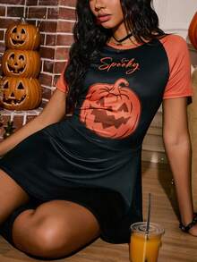 Miss Vinta Women's Halloween Contrast Color Pumpkin Print Raglan Sleeve Round Neck Nightgown Dress, For Halloween Party - Black - View 3