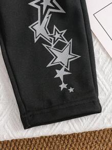 SHEIN Playful Pals 2 件套男婴连帽拉链夹克 + 裤子套装，字母和星星印花，街头休闲运动装，适合秋冬日常穿着 - 黑色 - 查看 8