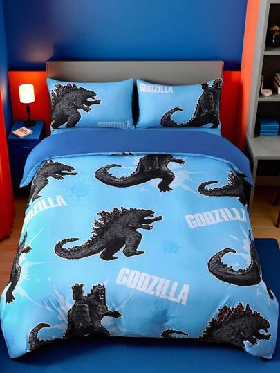 GODZILLAxKONG X SHEIN 3pcs Cartoon Pattern Bedding Set, Soft, Breathable And Warm, Suitable For Single/Double/Queen/King Size Beds, Great For Children