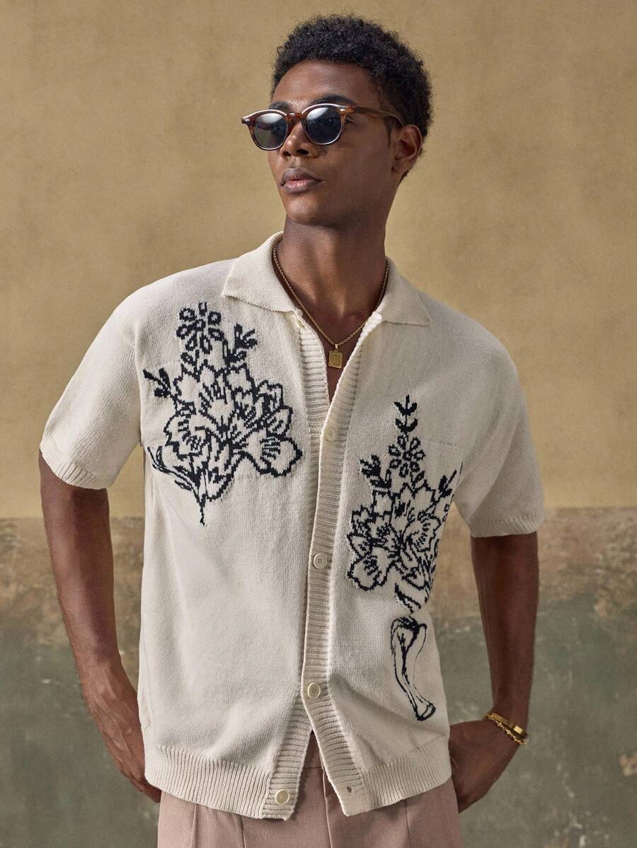 AKNOTIC Business Casual 花卉提花休闲精致男士毛衣 - 黑與白 - 查看 1