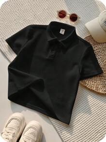 1 Piece Young Boy Casual Sports College Art Retro Textured Fabric Short-Sleeved Polo Shirt Suitable For Back To School Suitable For Birthday Parties, Evening Parties, Performances, Weddings, Baptisms, Opening Ceremonies Suitable For Suitable For Daily Use Suitable For School Suitable For Travel Suitable For Sports Suitable For Spring And Summer Seasons - Black - View 2