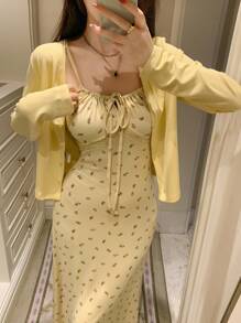 DAZY 纯色露脐上衣和碎花修身长款吊带睡裙女士睡衣套装，秋冬服装 - 黃色 - 查看 5