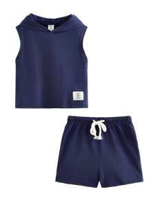 Baby Boy Letter Patched Detail Hooded Tank Top & Drawstring Waist Shorts Plain Baby Boys Setsbaby Boy Summer Sets2 Pcs Set Kids - Navy Blue - View 6
