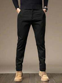 Manfinity Homme 男款實色直筒褲，附口袋，適合日常通勤和休閒穿著 - 黑色 - 查看 3