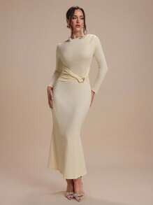 Modelyn Women's Elegant Solid Color Asymmetric Collar Fitted Mermaid Dress - Yellow - View 4