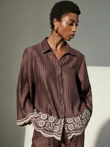 Aveloria Modichic Bộ 2 món: Áo sơ mi thêu họa tiết và quần ống rộng cạp chun, chất liệu vải Tencel. - Rỉ Nâu - Xem 6