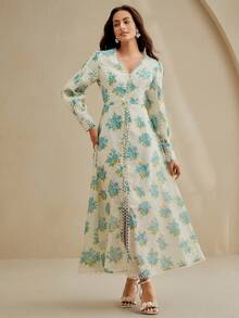 Anewsta Spring/Summer New Arrival Vacation Style Rose Print V-Neck Ruffle Patchwork Waist Cinched Lantern Sleeve Dress - Multicolor - View 3