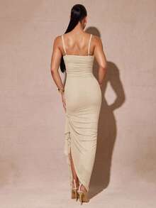 Silquee 优雅的鼠尾草绿色浪漫荷叶边袖高开衩长裙，女士蕾丝紧身派对礼服，适合情人节、约会、婚礼、舞会 - 杏色 - 查看 7