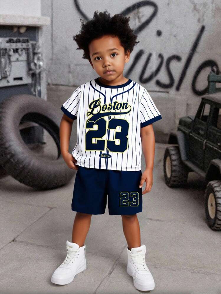 SHEIN 2pcs/Set Baby Boy Striped Number & Letter Print Short Sleeve T-Shirt And Number 23 Print Shorts Set, Sporty Style Suitable For Outings, Summer Baby Boy Baseball Outfit - Multicolor - View 3