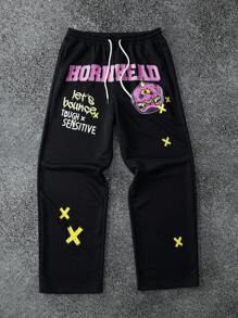 MADBALLS X SHEIN 男士休闲字母和卡通图案抽绳腰裤，秋季 - 黑色 - 查看 1