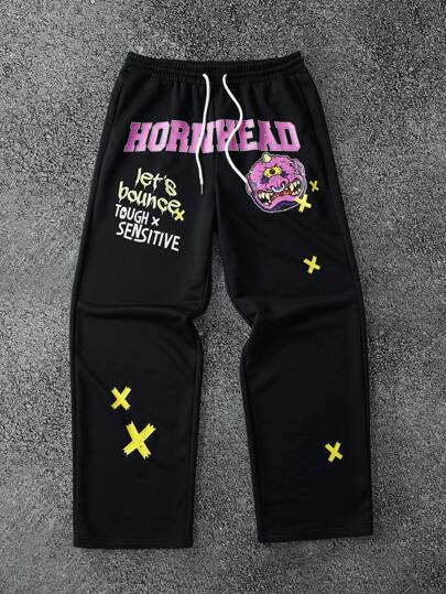MADBALLS X SHEIN Pantalon décontracté pour hommes avec cordon de serrage à la taille, imprimé lettres et motifs dessin animé, automne