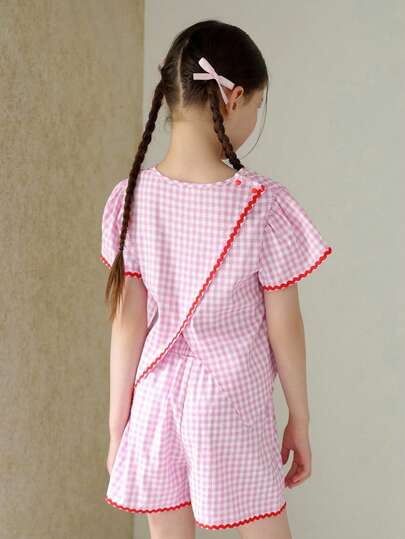 SHEIN 少女韩版甜美荷叶边袖格子衬衫短裤套装
